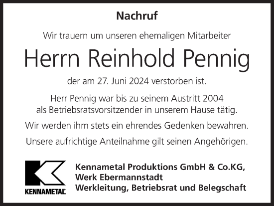 Anzeige von Reinhold Pennig von MGO