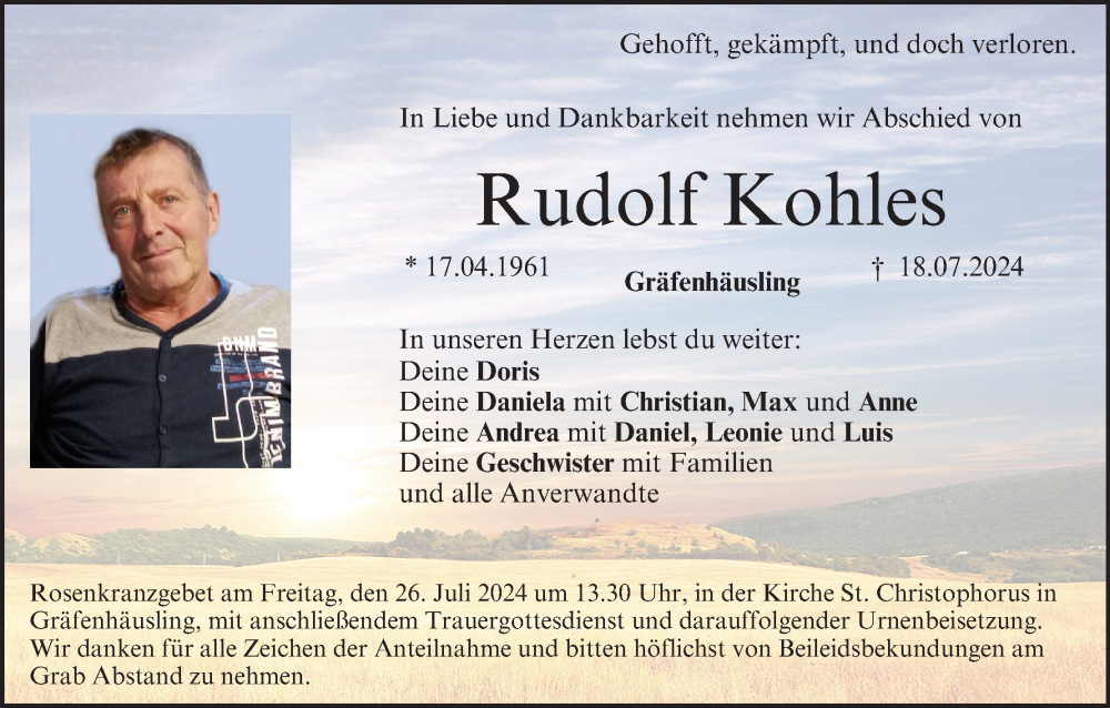  Traueranzeige für Rudolf Kohles vom 20.07.2024 aus MGO