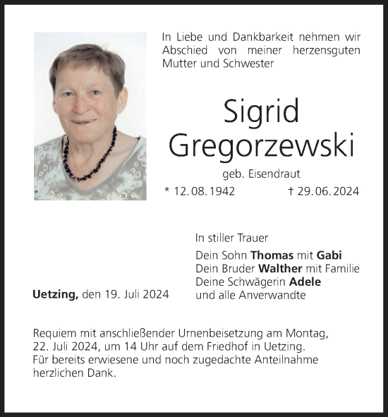 Anzeige von Sigrid Gregorzewski von MGO