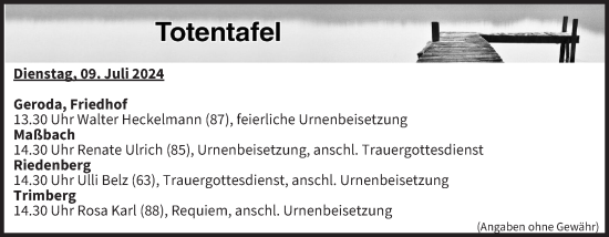 Anzeige von Totentafel vom 09.07.2024 von MGO