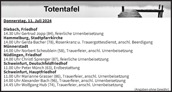 Anzeige von Totentafel vom 11.07.2024 von MGO