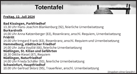 Anzeige von Totentafel vom 12.07.2024 von MGO