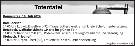 Anzeige von Totentafel vom 18.07.2024 von MGO