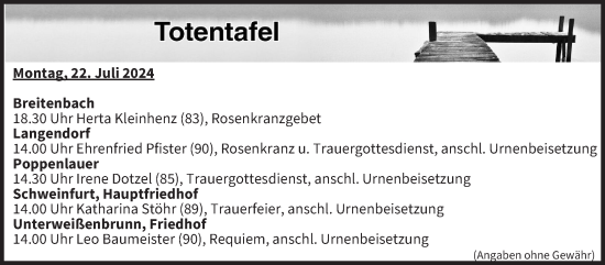 Anzeige von Totentafel vom 22.07.2024 von MGO