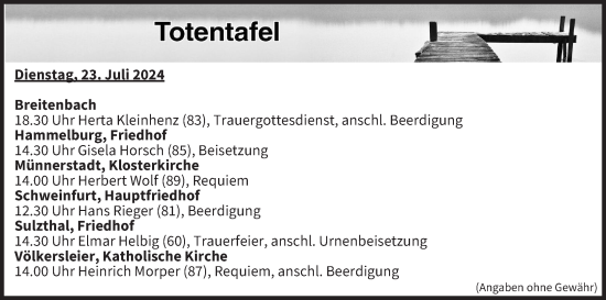 Anzeige von Totentafel vom 23.07.2024 von MGO