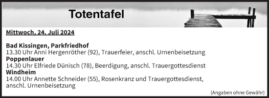 Anzeige von Totentafel vom 24.07.2024 von MGO