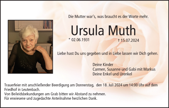 Anzeige von Ursula Muth von MGO