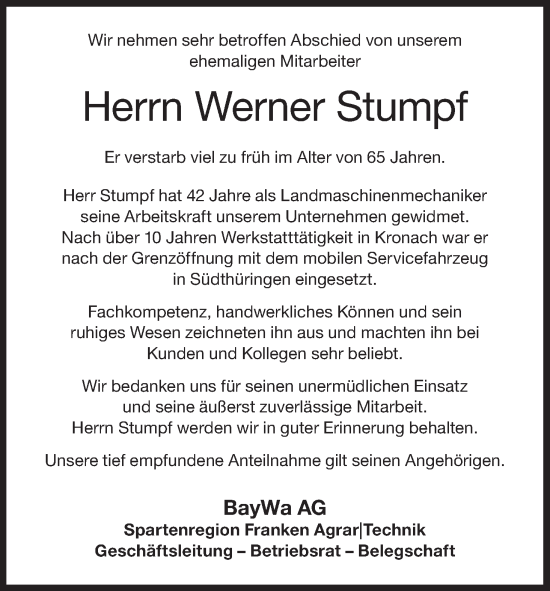 Anzeige von Werner Stumpf von MGO