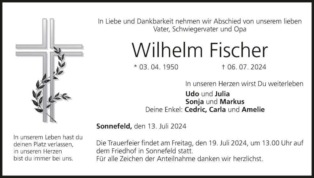  Traueranzeige für Wilhelm Fischer vom 13.07.2024 aus MGO