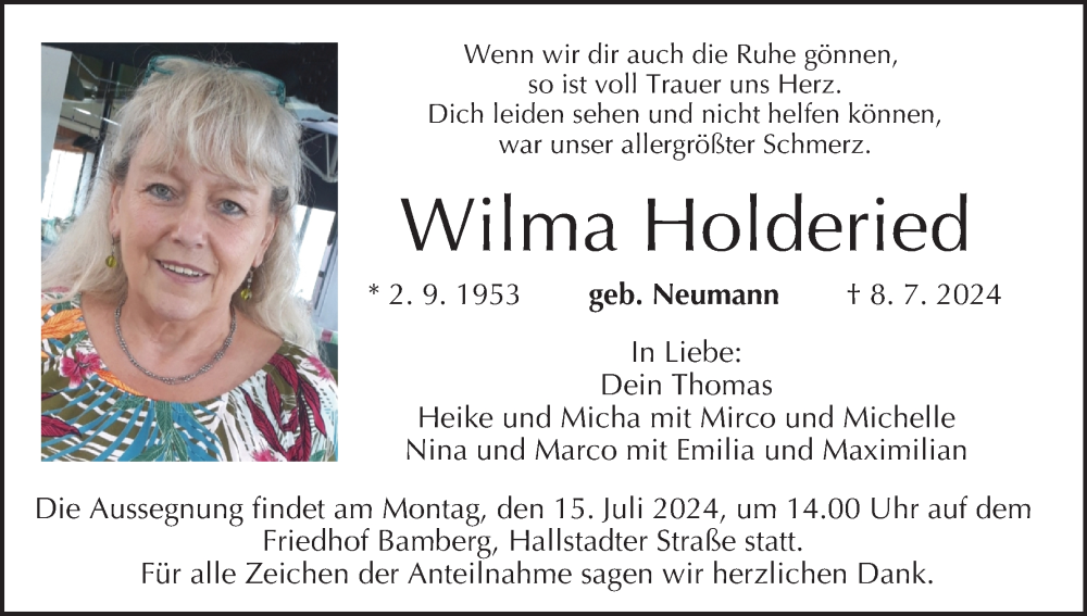  Traueranzeige für Wilma Holderied vom 13.07.2024 aus MGO