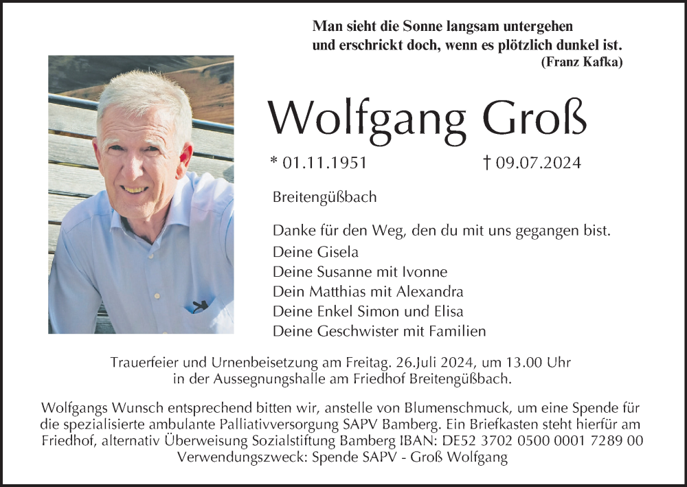  Traueranzeige für Wolfgang Groß vom 20.07.2024 aus MGO