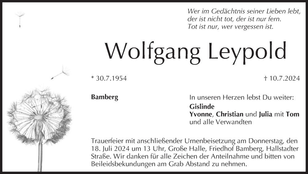  Traueranzeige für Wolfgang Leypold vom 13.07.2024 aus MGO