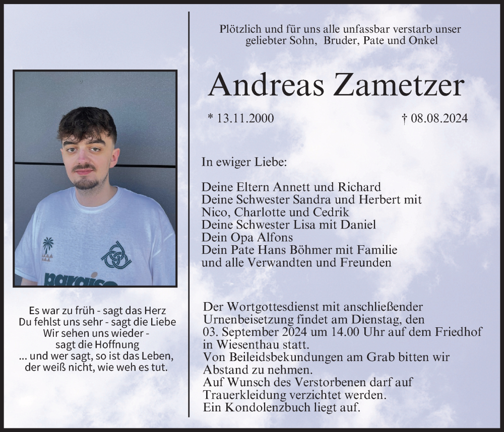  Traueranzeige für Andreas Zametzer vom 31.08.2024 aus MGO