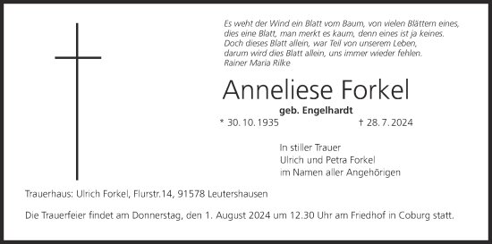 Anzeige von Anneliese Forkel von MGO