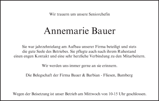 Traueranzeige von Annemarie Bauer