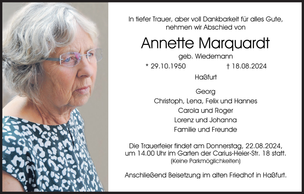  Traueranzeige für Annette Marquardt vom 21.08.2024 aus MGO