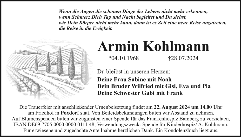  Traueranzeige für Armin Kohlmann vom 10.08.2024 aus MGO