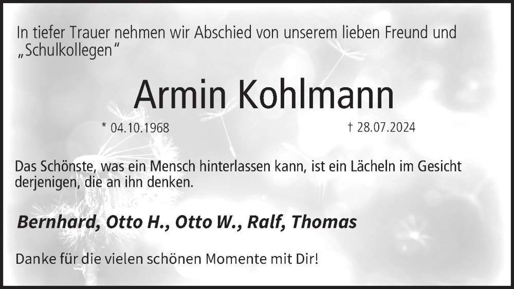  Traueranzeige für Armin Kohlmann vom 17.08.2024 aus MGO