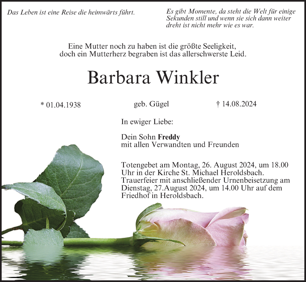  Traueranzeige für Barbara Winkler vom 24.08.2024 aus MGO