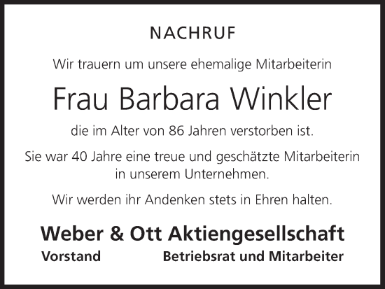 Anzeige von Barbara Winkler von MGO