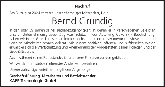 Anzeige von Bernd Grundig von MGO