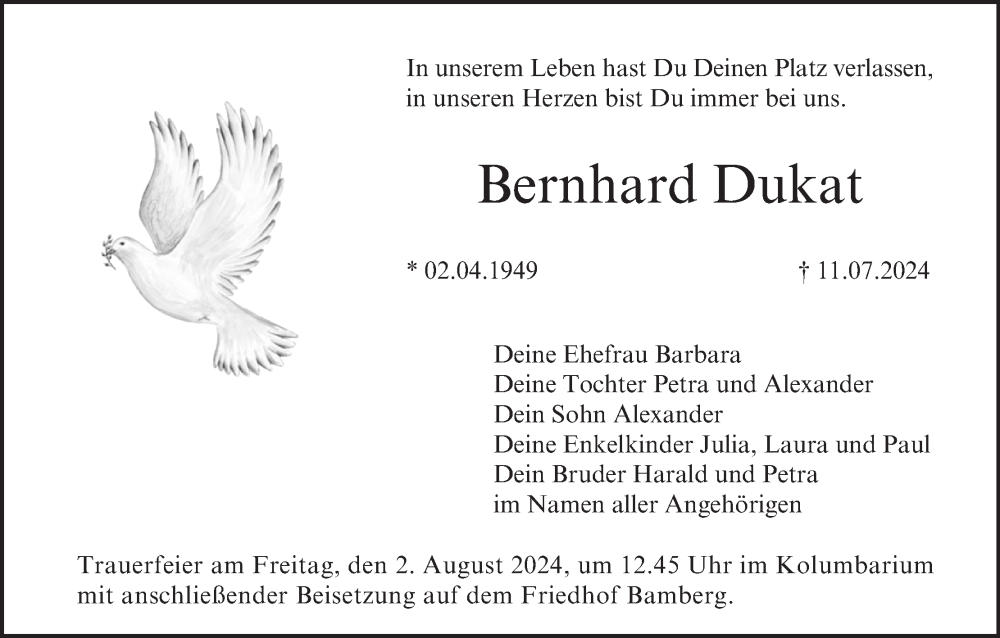  Traueranzeige für Bernhard Dukat vom 31.07.2024 aus MGO