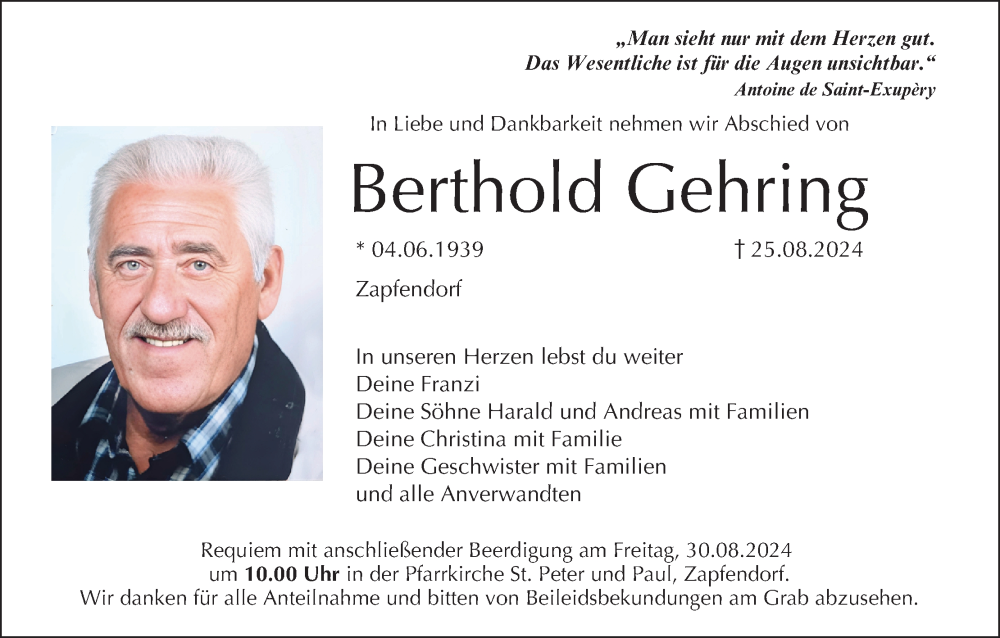  Traueranzeige für Berthold Gehring vom 27.08.2024 aus MGO