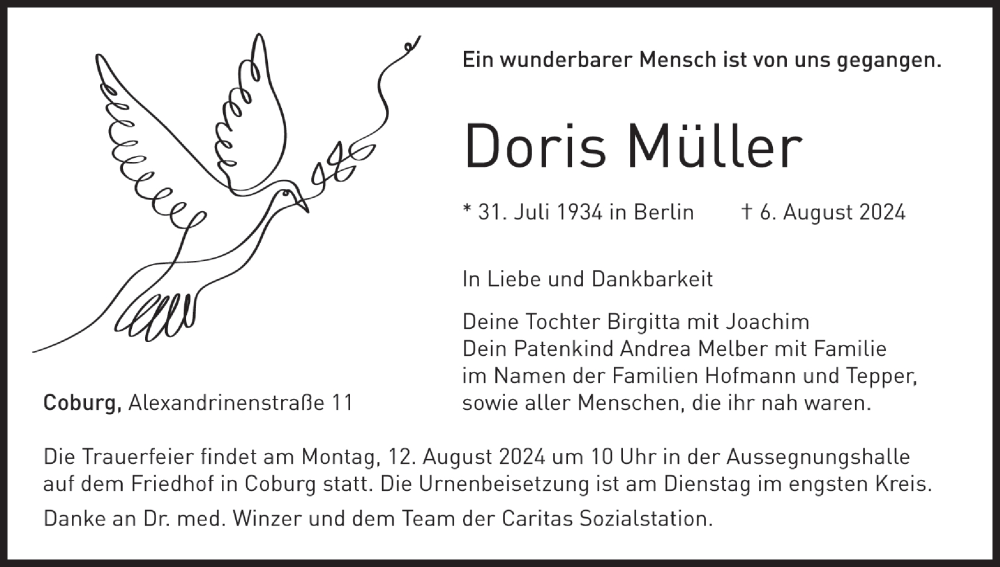  Traueranzeige für Doris Müller vom 10.08.2024 aus MGO