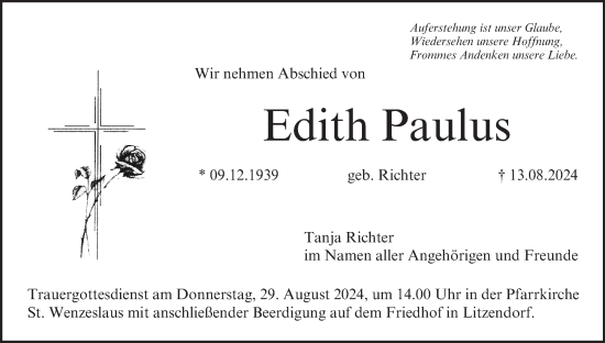 Traueranzeige von Edith Paulus