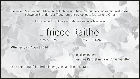 Anzeige von Elfriede Raithel von MGO