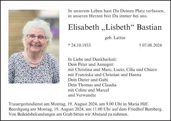 Traueranzeige von Elisabeth Bastian