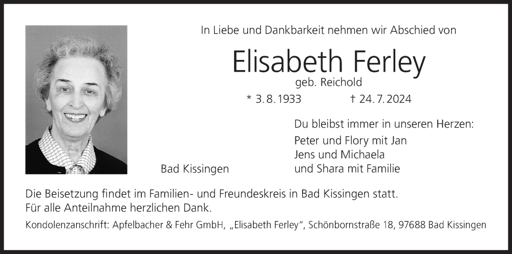  Traueranzeige für Elisabeth Ferley vom 03.08.2024 aus MGO