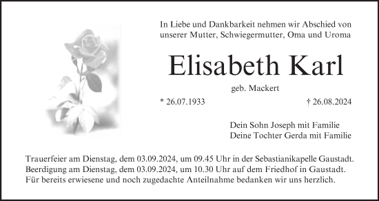 Anzeige von Elisabeth Karl von MGO