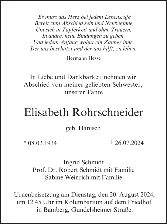 Traueranzeige von Elisabeth Rohrschneider