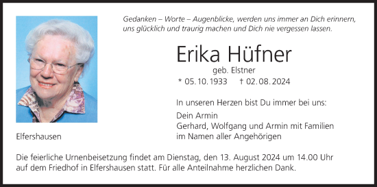 Traueranzeige von Erika Hüfner