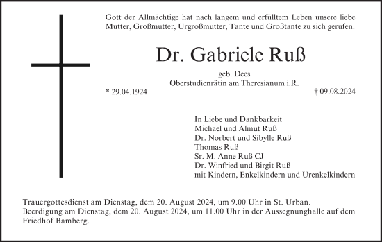 Traueranzeige von Gabriele Ruß