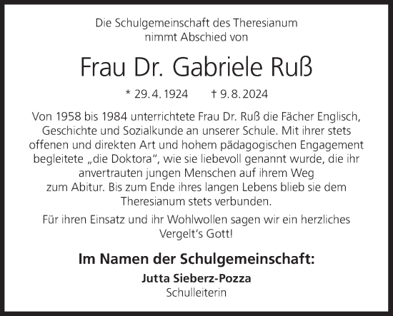 Traueranzeige von Gabriele Ruß