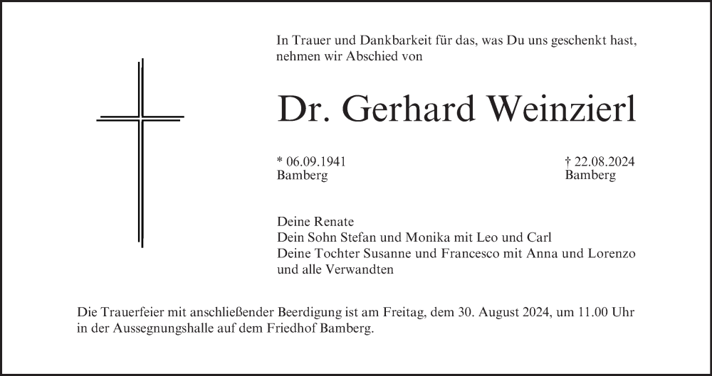  Traueranzeige für Gerhard Weinzierl vom 28.08.2024 aus MGO