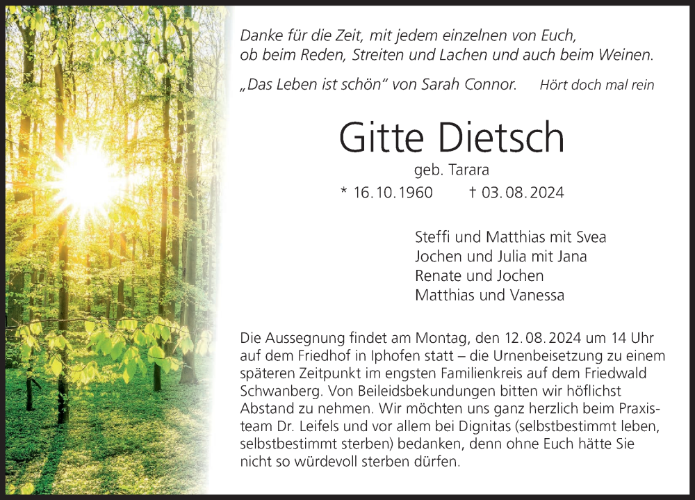  Traueranzeige für Gitte Dietsch vom 07.08.2024 aus MGO