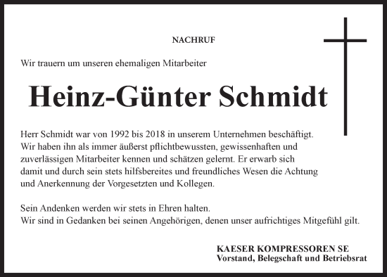 Anzeige von Heinz-Günter Schmidt von MGO