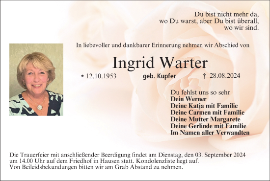 Anzeige von Ingrid Warter von MGO