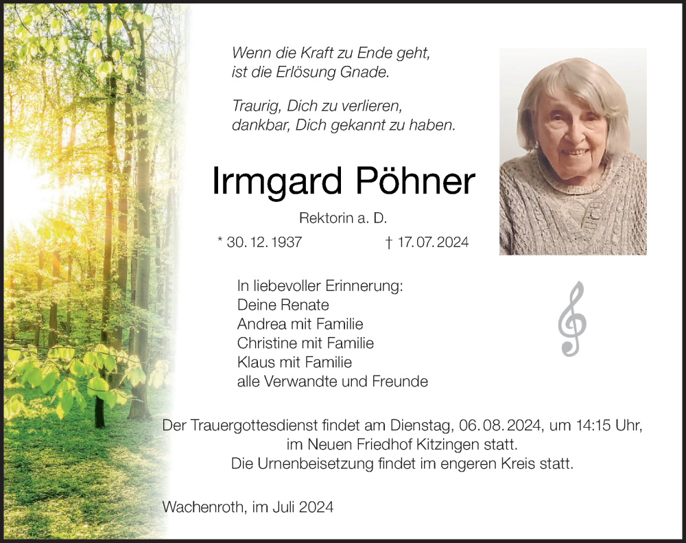  Traueranzeige für Irmgard Pöhner vom 03.08.2024 aus MGO