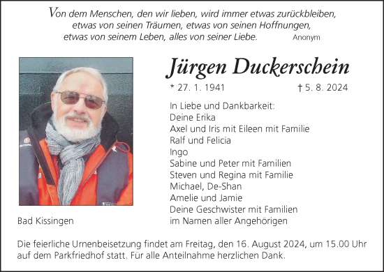 Traueranzeige von Jürgen Duckerschein