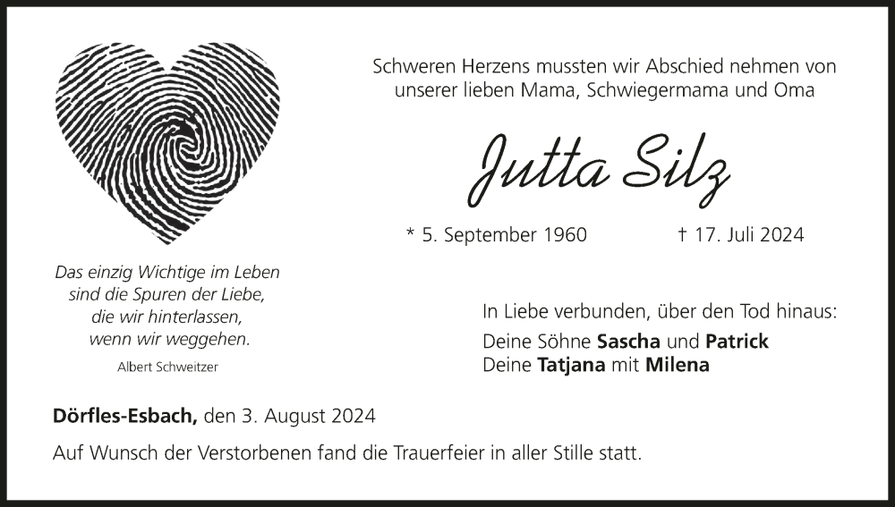  Traueranzeige für Jutta Silz vom 03.08.2024 aus MGO