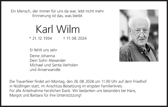 Anzeige von Karl Wilm von MGO