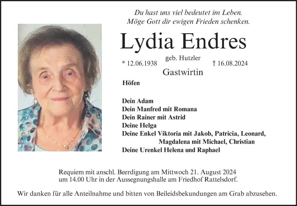  Traueranzeige für Lydia Endres vom 17.08.2024 aus MGO