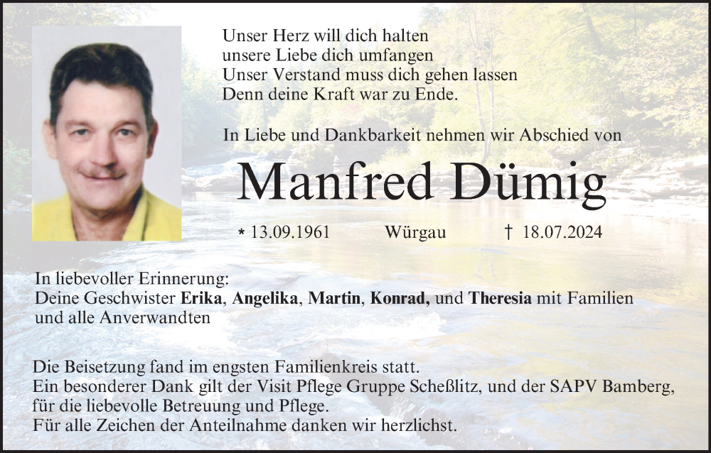  Traueranzeige für Manfred Dümig vom 03.08.2024 aus MGO