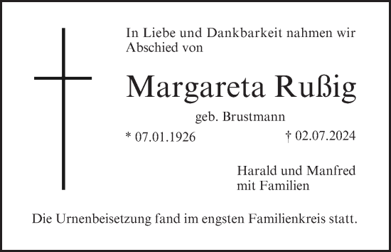 Traueranzeige von Margareta Rußig