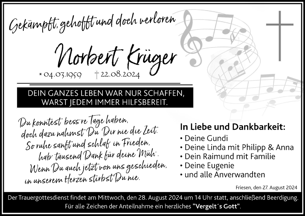  Traueranzeige für Norbert Krüger vom 27.08.2024 aus MGO