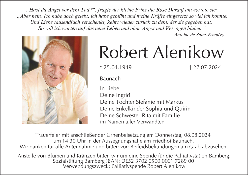  Traueranzeige für Robert Alenikow vom 03.08.2024 aus MGO